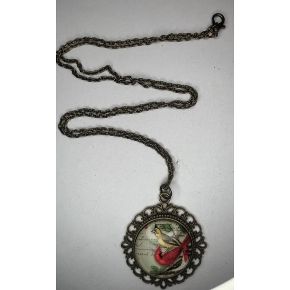 Red Cardinal Yellow Bird Cabochon Glass Pendant with Bronze 24